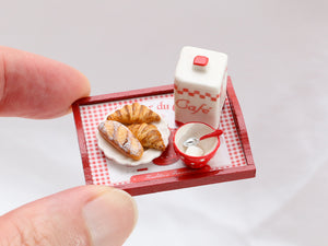 French Breakfast Coffee Tray with Croissants, Mini Baguette - OOAK - Handmade Dollhouse Miniature