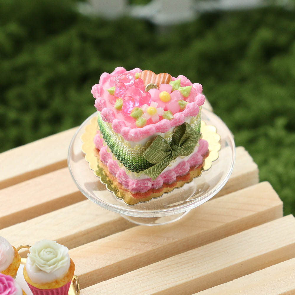 Pink & Green Heartshaped Cake with Gummy Bear - OOAK - Handmade Miniature Dollhouse Food