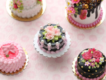 Load image into Gallery viewer, Black Cake with Three Light Pink Roses - Handmade Miniature Dollhouse Food