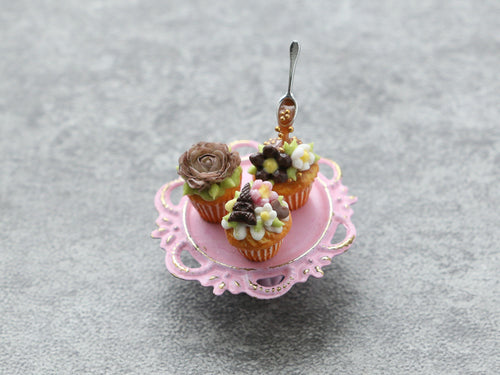 Three Miniature Chocolate Cupcakes Frozen Moment - Handmade Miniature Dollhouse Food