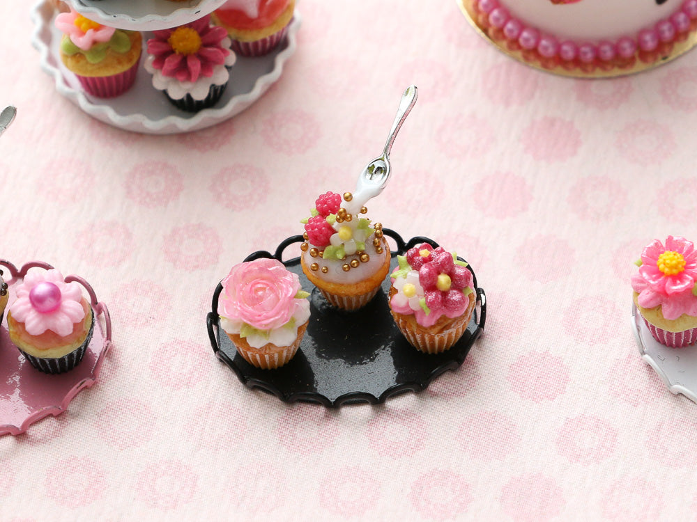 Three Miniature Cupcakes Frozen Moment - Black Tray - Handmade Miniature Dollhouse Food