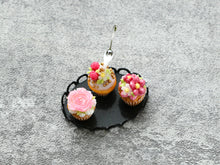 Load image into Gallery viewer, Three Miniature Cupcakes Frozen Moment - Black Tray - Handmade Miniature Dollhouse Food