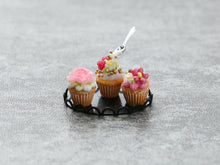 Load image into Gallery viewer, Three Miniature Cupcakes Frozen Moment - Black Tray - Handmade Miniature Dollhouse Food