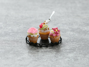 Three Miniature Cupcakes Frozen Moment - Black Tray - Handmade Miniature Dollhouse Food