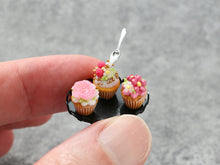 Load image into Gallery viewer, Three Miniature Cupcakes Frozen Moment - Black Tray - Handmade Miniature Dollhouse Food