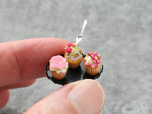 Three Miniature Cupcakes Frozen Moment - Black Tray - Handmade Miniature Dollhouse Food