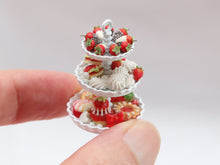 Load image into Gallery viewer, Chocolate Dipped Strawberries, Meringues, French Pastries on 3 Tier Stand - OOAK - Handmade Miniature Food