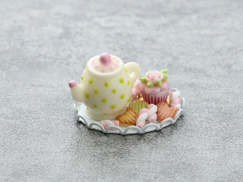 Teatime Tray With Teapot Cupcake and Cookies - Handmade Miniature Food for Dollhouses