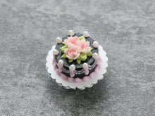 Load image into Gallery viewer, Black Cake with Three Light Pink Roses - Handmade Miniature Dollhouse Food