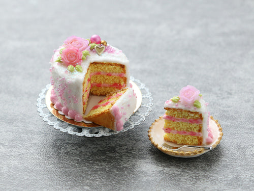 Pink Rose Layer Cake with Slices - Handmade Miniature Dollhouse Food