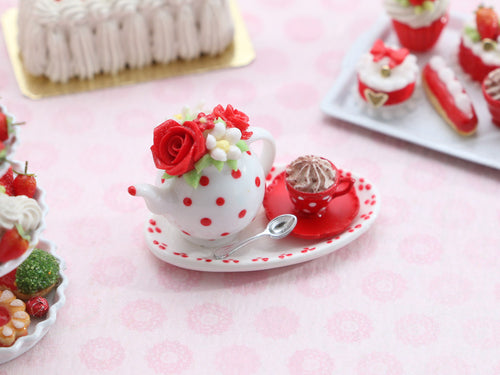 Red Rose Teapot with Creamy Cappuccino on Handpainted Service - OOAK - Handmade Dollhouse Miniature