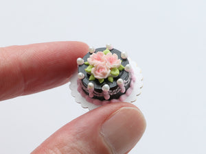 Black Cake with Three Light Pink Roses - Handmade Miniature Dollhouse Food