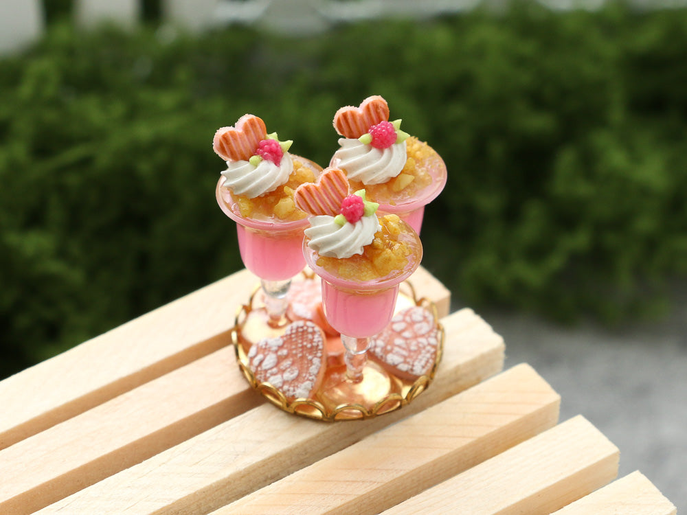 Pink Desserts with Cream & Raspberries - Handmade Miniature Dollhouse Food
