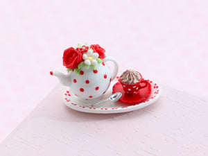 Red Rose Teapot with Creamy Cappuccino on Handpainted Service - OOAK - Handmade Dollhouse Miniature