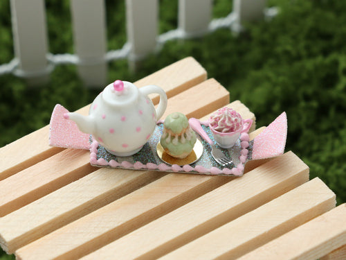 Bonbon Tray, Religieuse, Cappuccino, Teapot - OOAK - Handmade Miniature Dollhouse Food