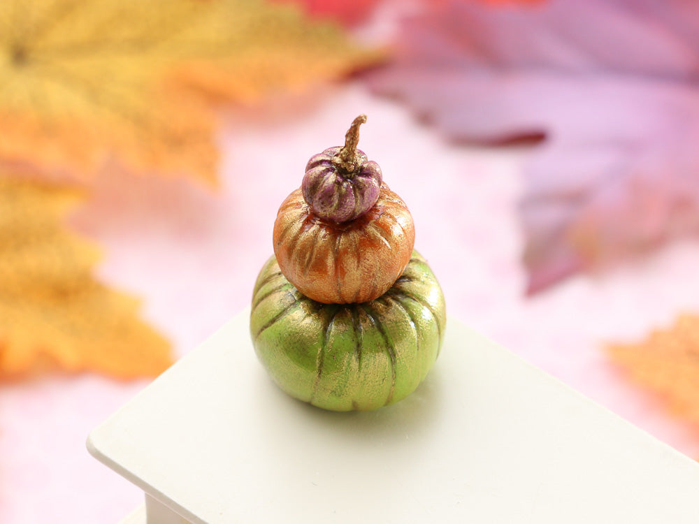 Pumpkin Display in Purple, Orange, Green - Handmade miniature decoration