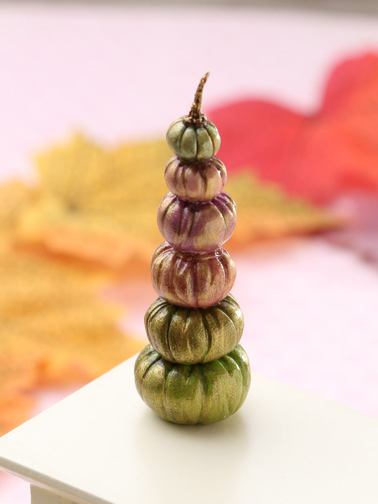 Tall 6 Pumpkin Tower in Orange, Purple Green - Handmade miniature food