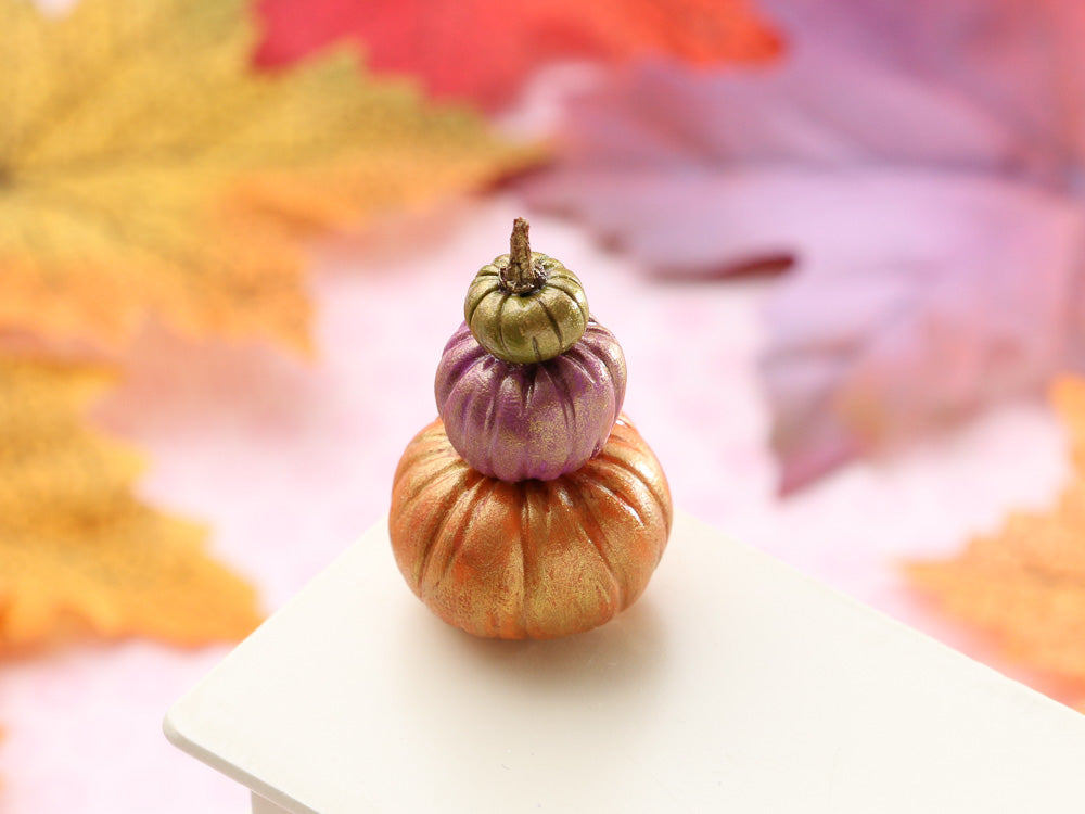 Pumpkin Display in Green, Purple, Orange - Handmade miniature decoration