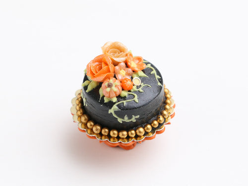 Black Cake with Orange Roses and Pumpkins - Handmade Halloween and Autumn Miniature Food