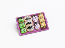 Load image into Gallery viewer, Ghoulishly Cool Halloween Cookies - Frankenstein, Bat, Vampire, Tombstone - Handmade Miniature Food