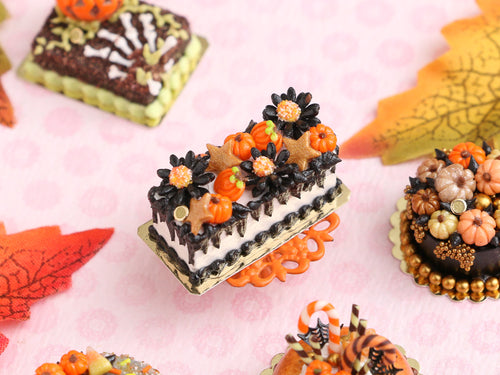 Autumn Drip Cake - Rectangular with Pumpkins, Black Flowers, Stars - Handmade Miniature Food