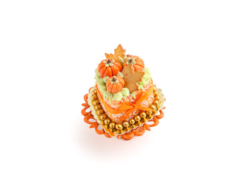 Heartshaped Cake with Pumpkins and Cookie Leaves - Handmade Halloween and Autumn Miniature Food