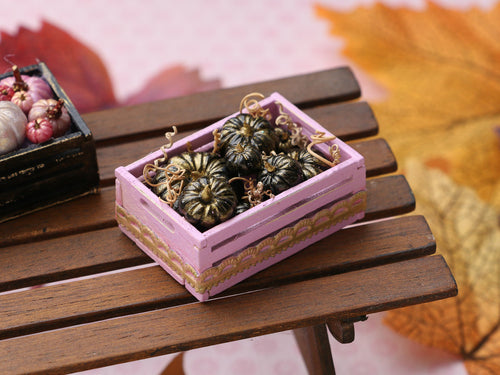 Black and Gold Pumpkins in Pink Wooden Crate - Handmade Miniature Dollhouse Food