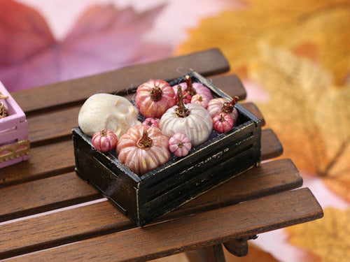 Pink Pumpkins in Black Wooden Crate - Handmade Halloween Dollhouse Miniature