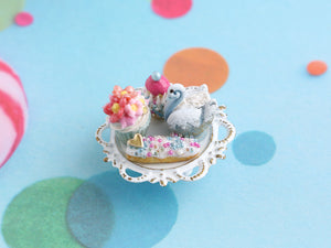 French Pastries in Birthday Colours on Stand - Handmade Miniature Food in 12th Scale