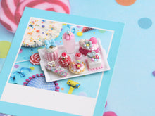Load image into Gallery viewer, Display of Pastries and Treats in Birthday Colours - Handmade Miniature Food in 12th Scale