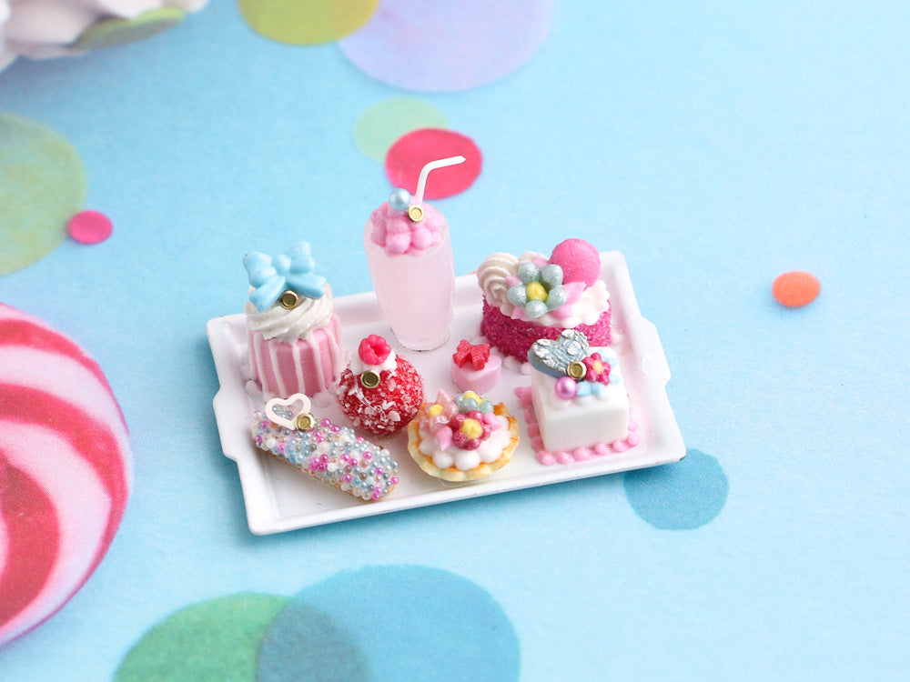 Display of Pastries and Treats in Birthday Colours - Handmade Miniature Food in 12th Scale