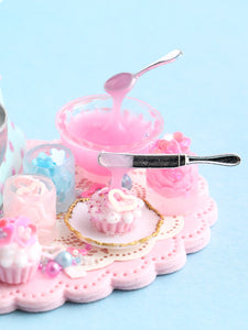 Cupcakes Preparation Board with Stand Mixer - Floating Spoon and Knife - OOAK - Handmade Miniature Food in 12th Scale