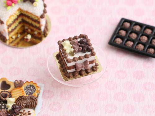 Square Cake with Dark, Milk and White Chocolate Teddy Bears - Handmade Miniature Food for Dollhouses