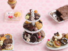 Load image into Gallery viewer, Chocolate, Cookies, Pastries on Three Tiered Stand - Handmade Miniature Food for Dollhouses