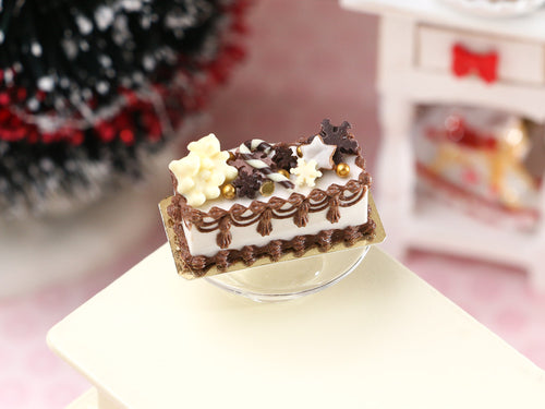 Chocolate Christmas Cake - Snowflakes and White Chocolate Bears - Handmade Miniature Dollhouse Food