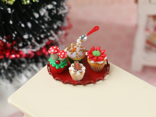 Handmade Miniature Christmas Cupcake Tray in 1:12 Scale for Dollhouses (Red)