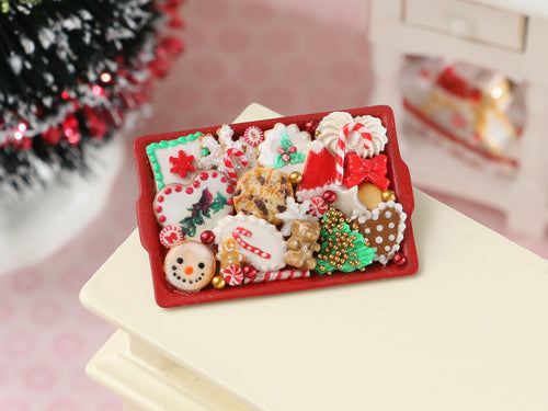 Christmas Themed Cookies on Red Tray - Handmade Miniature Dollhouse Food