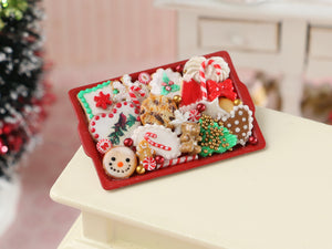 Christmas Themed Cookies on Red Tray - Handmade Miniature Dollhouse Food