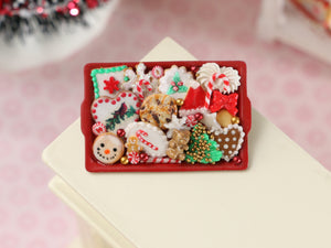 Christmas Themed Cookies on Red Tray - Handmade Miniature Dollhouse Food