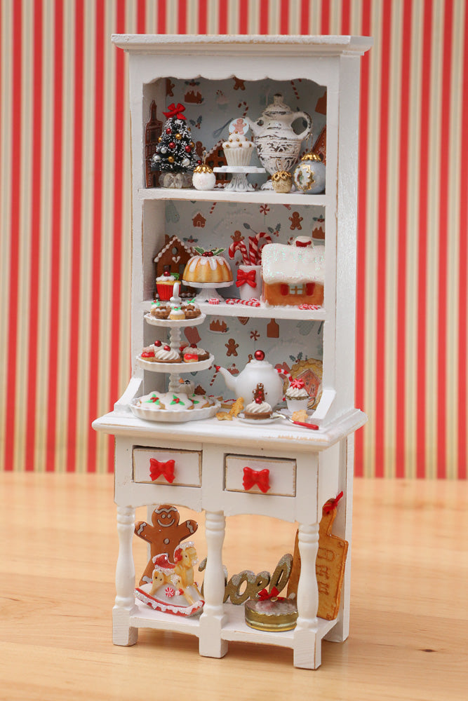 OOAK Christmas Kitchen Hutch Filled with Handmade Christmas Themed Miniatures