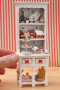 OOAK Christmas Kitchen Hutch Filled with Handmade Christmas Themed Miniatures