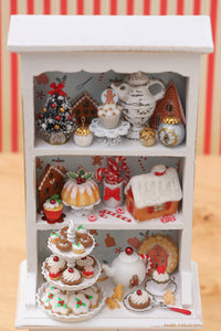 OOAK Christmas Kitchen Hutch Filled with Handmade Christmas Themed Miniatures