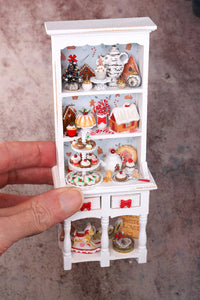 OOAK Christmas Kitchen Hutch Filled with Handmade Christmas Themed Miniatures