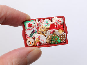 Christmas Themed Cookies on Red Tray - Handmade Miniature Dollhouse Food