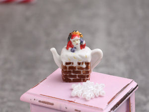 Jolly Santa in Chimney Pot - Decorative Porcelain Christmas Teapot - 12th Scale Ornament for Dollhouse