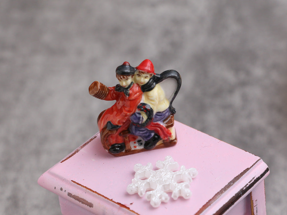 Children Playing on Sled - Decorative Porcelain Christmas Teapot - 12th Scale Ornament for Dollhouse