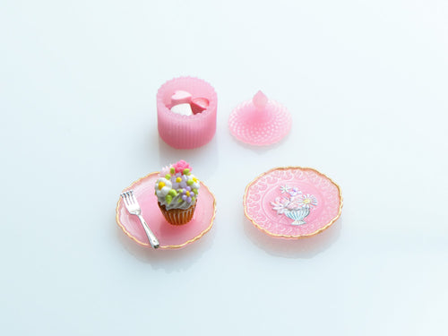 Dessert, Candy Jar & Decorative Plate Set (D) Floral Cupcake / Pink  - Handmade Miniature Food