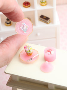 Dessert, Candy Jar & Decorative Plate Set (D) Floral Cupcake / Pink  - Handmade Miniature Food