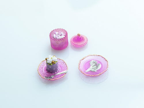 Dessert, Candy Jar & Decorative Plate Set (E) Floral Genoise / Purple  - Handmade Miniature Food