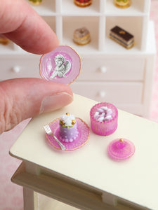 Dessert, Candy Jar & Decorative Plate Set (E) Floral Genoise / Purple  - Handmade Miniature Food